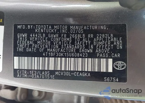 2005 Toyota Camry Xle V6 из США, поврежденный, VIN 4T1BF30K15U608423